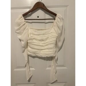 Abercrombie White Top with Puffy Sleeves XS Smocked Chiffon Crop Summer‎ Shirt